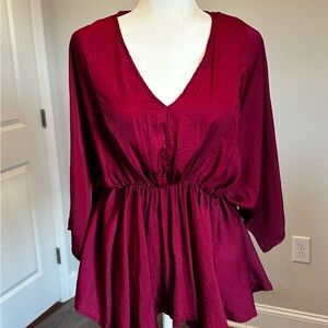 Glam Deep Red V-Neck Bohemian Blouse